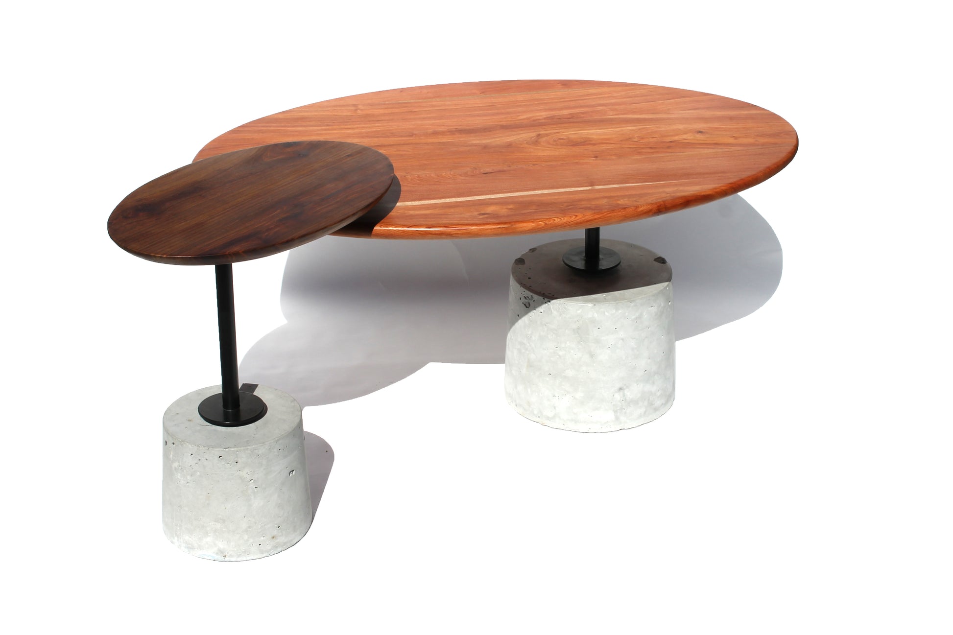 Namibian Teak Cantilever Side Table and Rosewood Cantilever Coffee Table on a white background