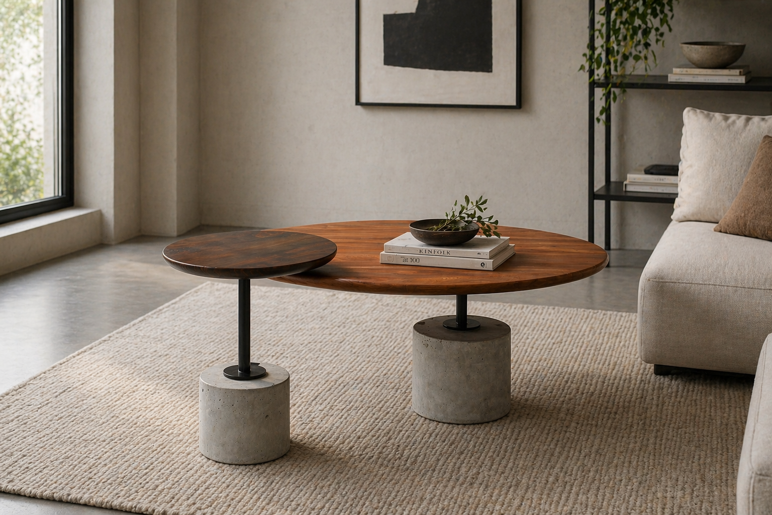 Namibian Teak Cantilever Side Table paired with a Rosewood Cantilever Coffee Table in a contemporary living room