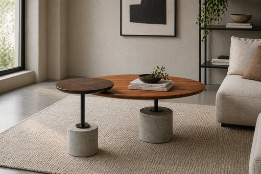 Namibian Teak Cantilever Side Table paired with a Rosewood Cantilever Coffee Table in a contemporary living room