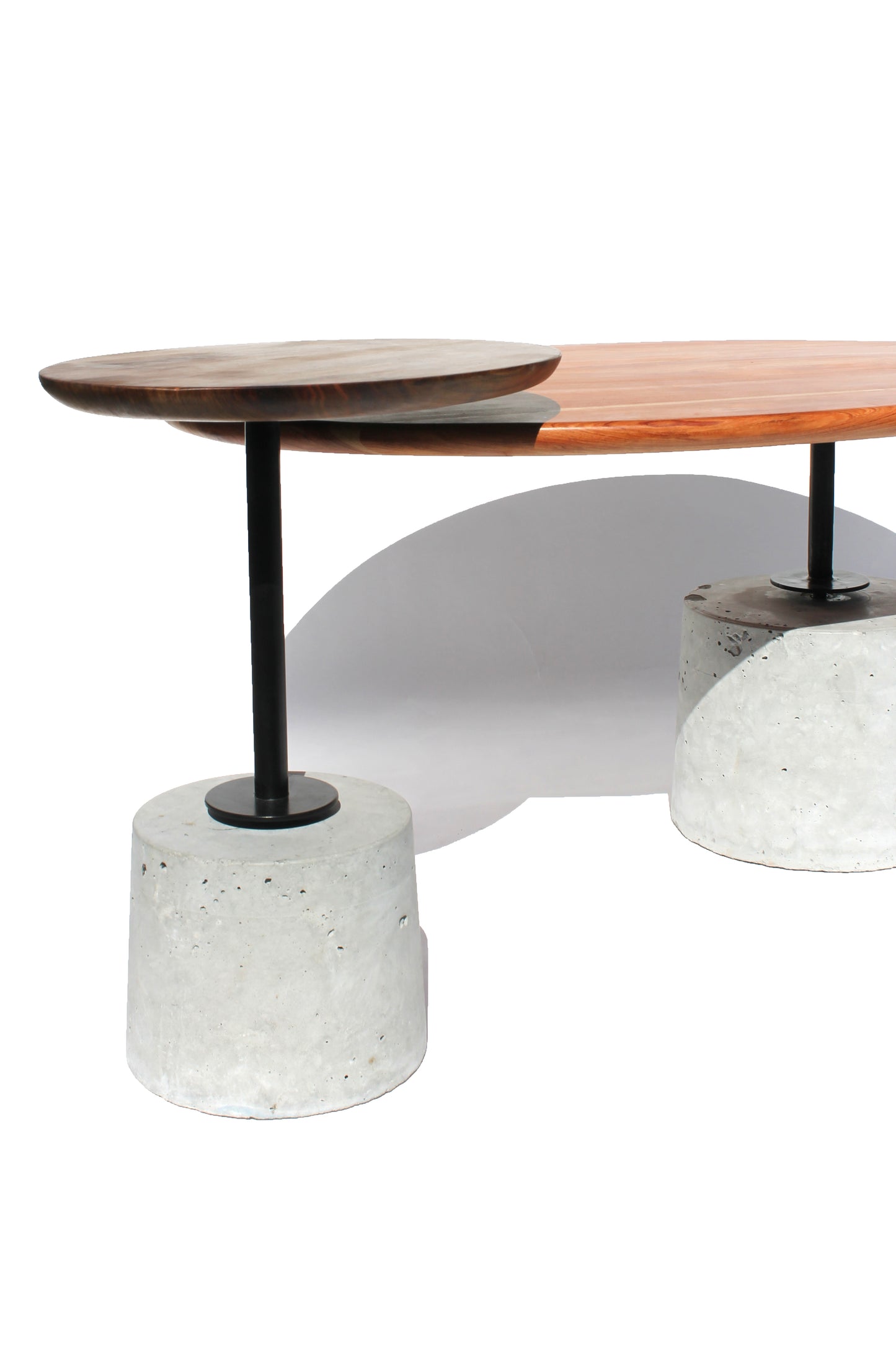 Namibian Teak Cantilever Side Table and Rosewood Cantilever Coffee Table side view on a white background