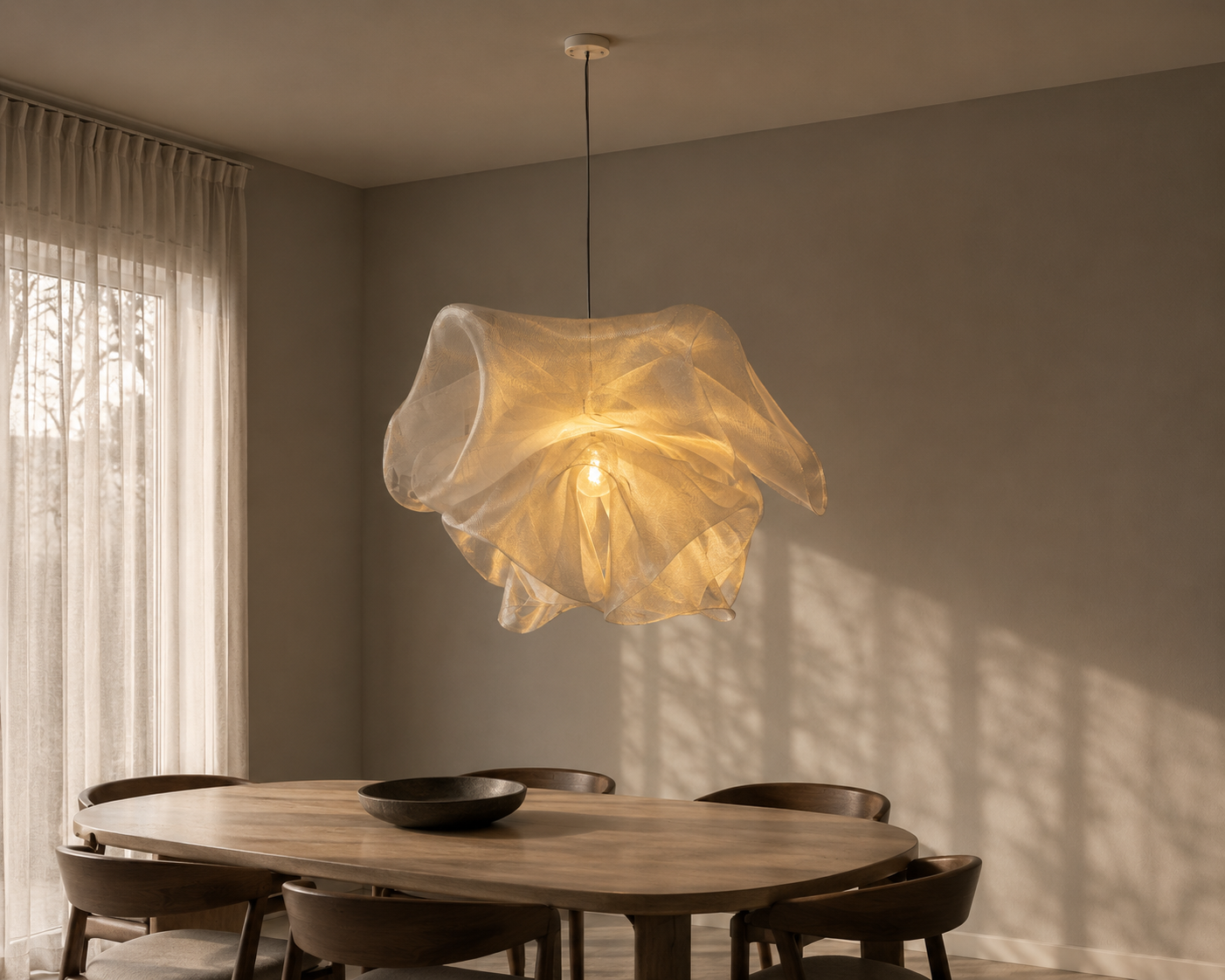 Side profile of an illuminated Industrial Mesh Pendant above a dining table