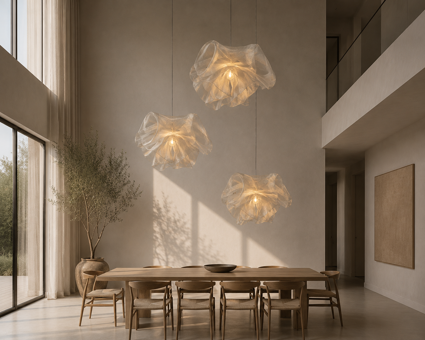 Illuminated Industrial Mesh Pendant installed in a double-volume interior