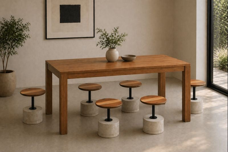 Namibian Teak Fundamental Stools around a dining table