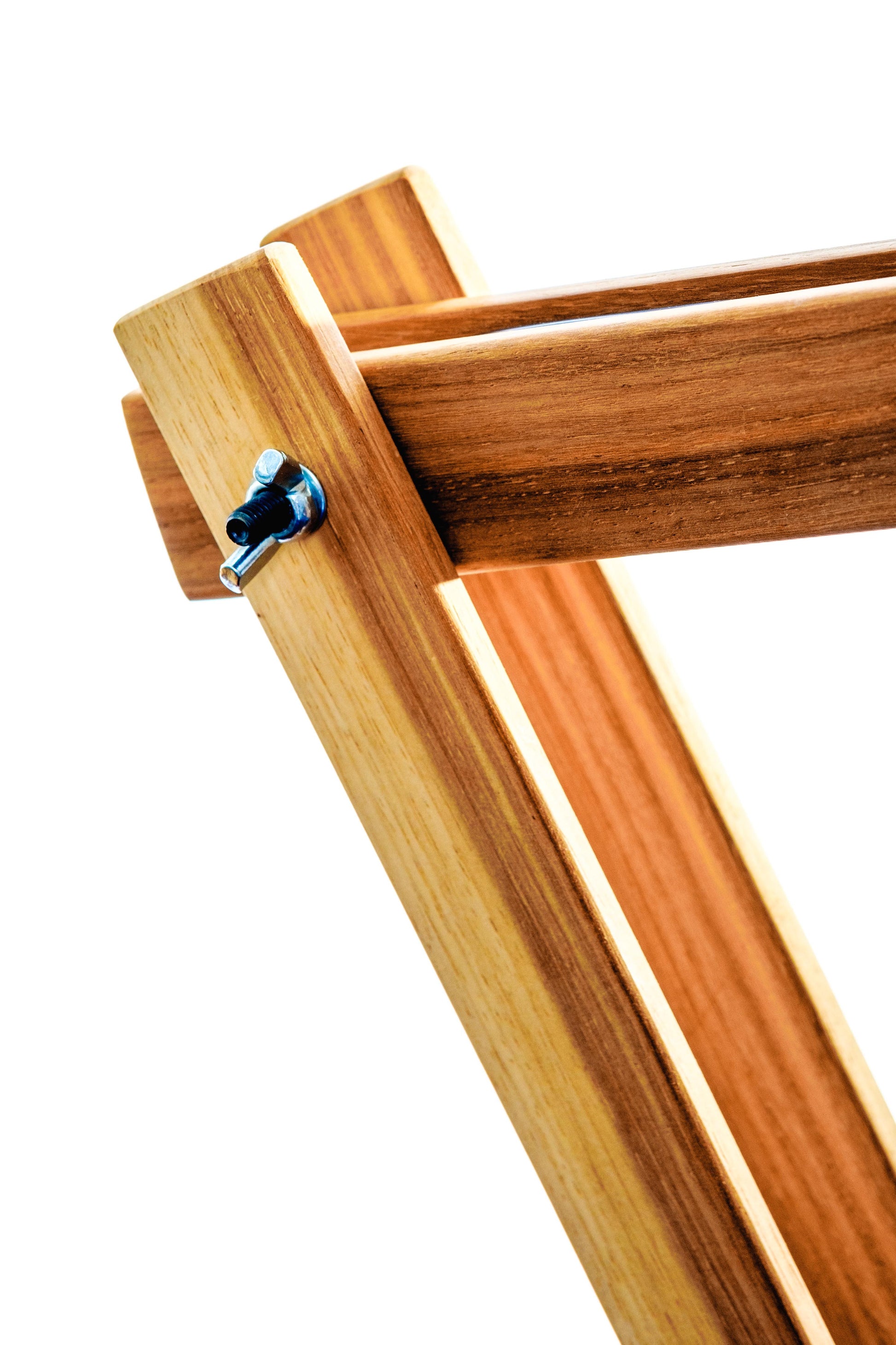 Close-up of the timber arm and connection detail on the Namibian Teak Desk Lamp