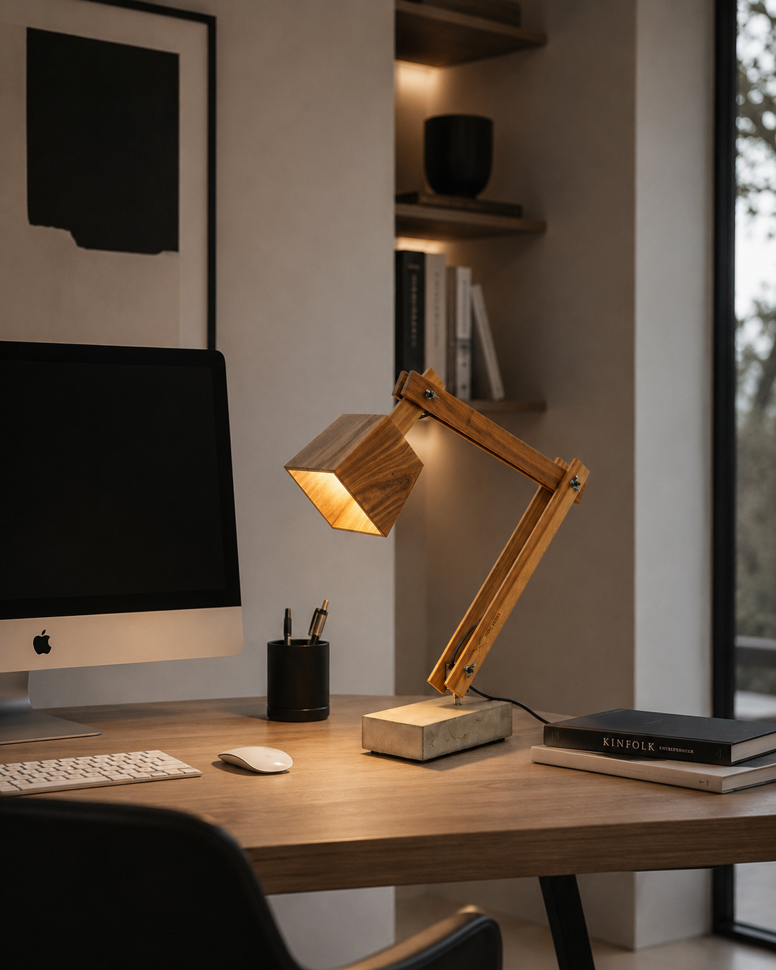 Namibian Teak Timber and Concrete Desk Lamp used as a desk lamp in a workspace
