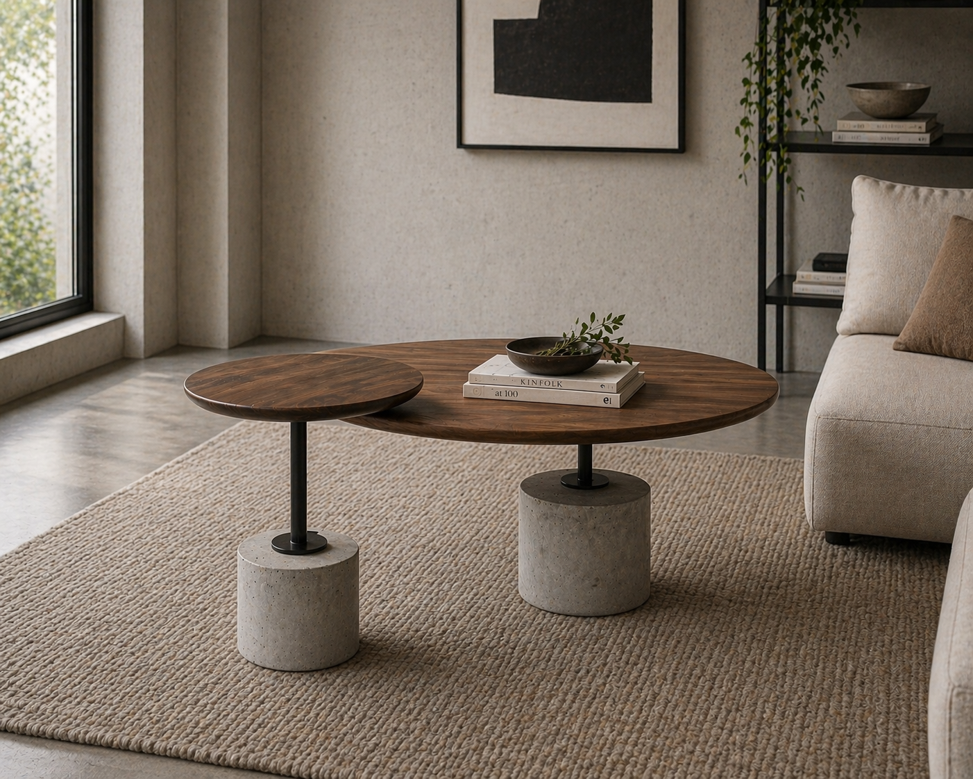 Walnut Cantilever Side Table and Coffee Table on a white background