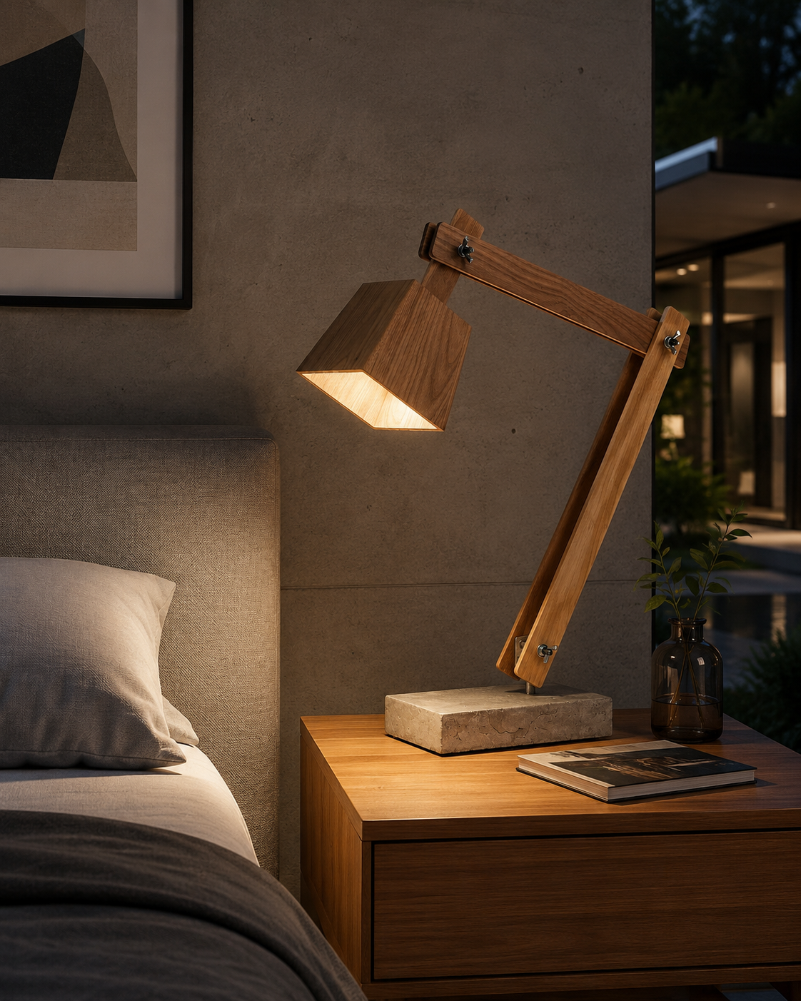 Illuminated Walnut Timber and Concrete Desk Lamp on a bedside table