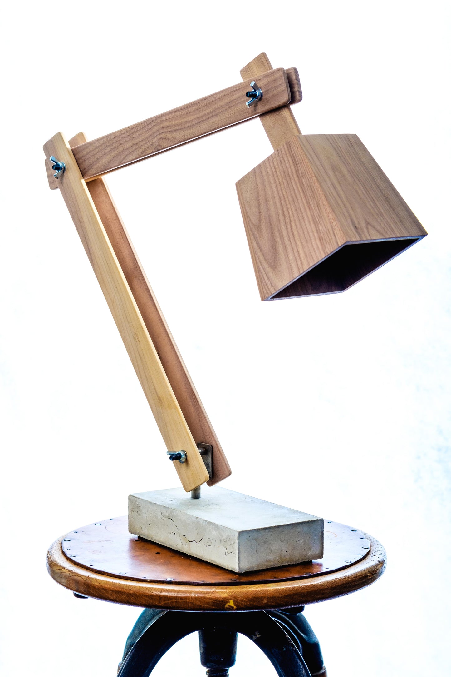 Walnut Timber and Concrete Desk Lamp on a white background