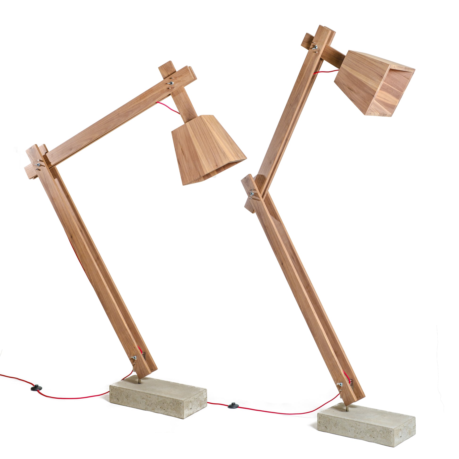 Walnut Timber and Concrete Floor Lamp showing two adjustable height positions