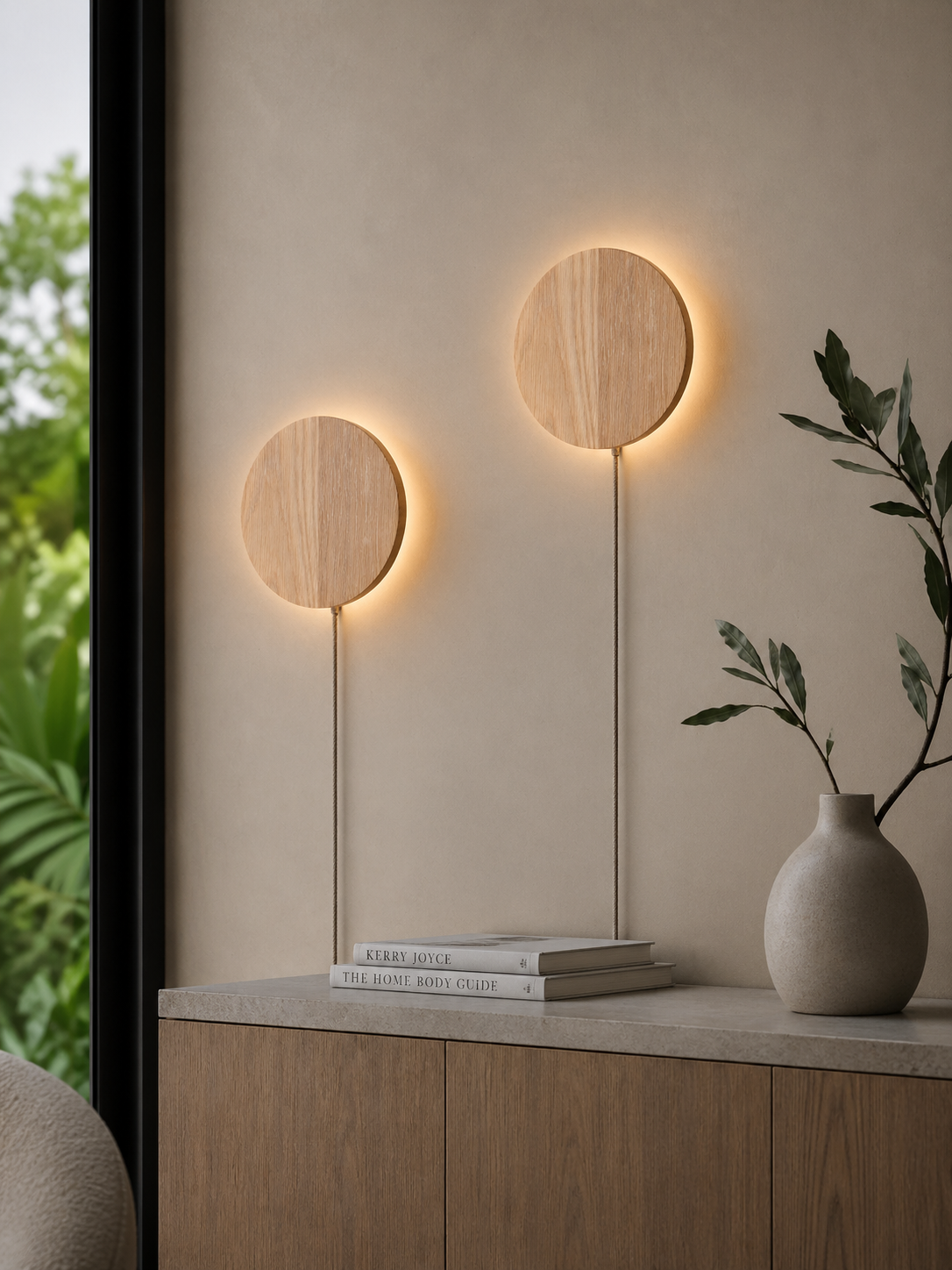 Illuminated Oak Circle Wall Lights with fabric cable beside a window