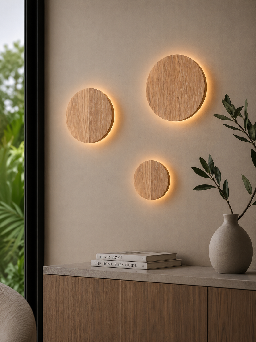 Three illuminated Oak Circle Wall Lights creating a feature wall installation