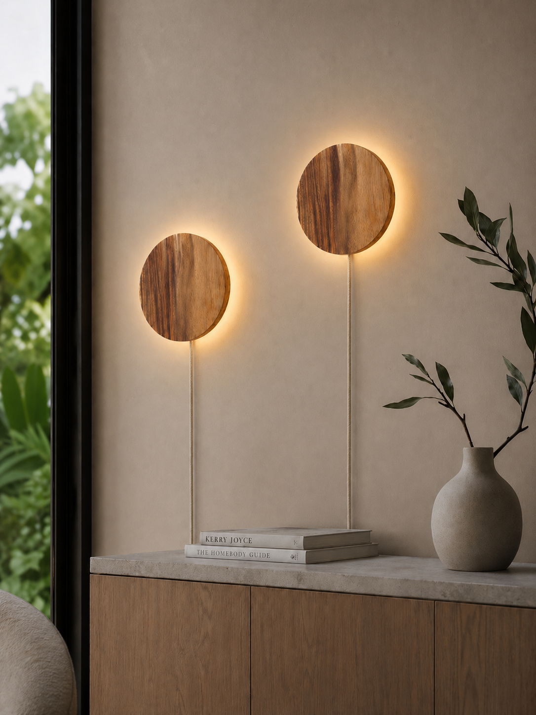 Illuminated Namibian Teak Circle Wall Lights with fabric cable and plug