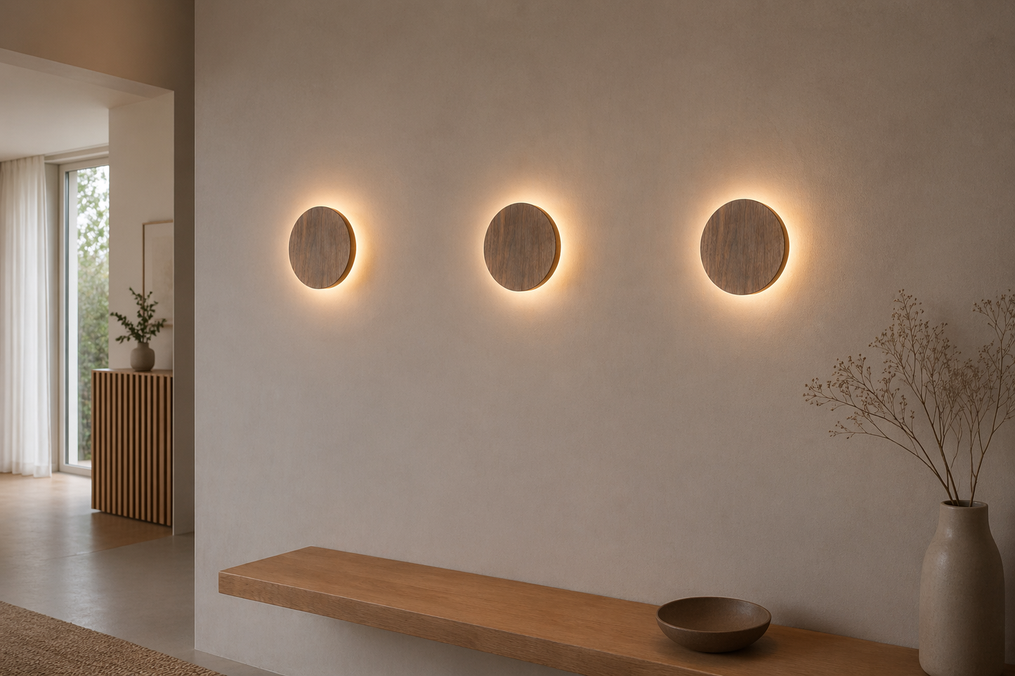 Three Walnut Circle Wall Lights installed in a hallway