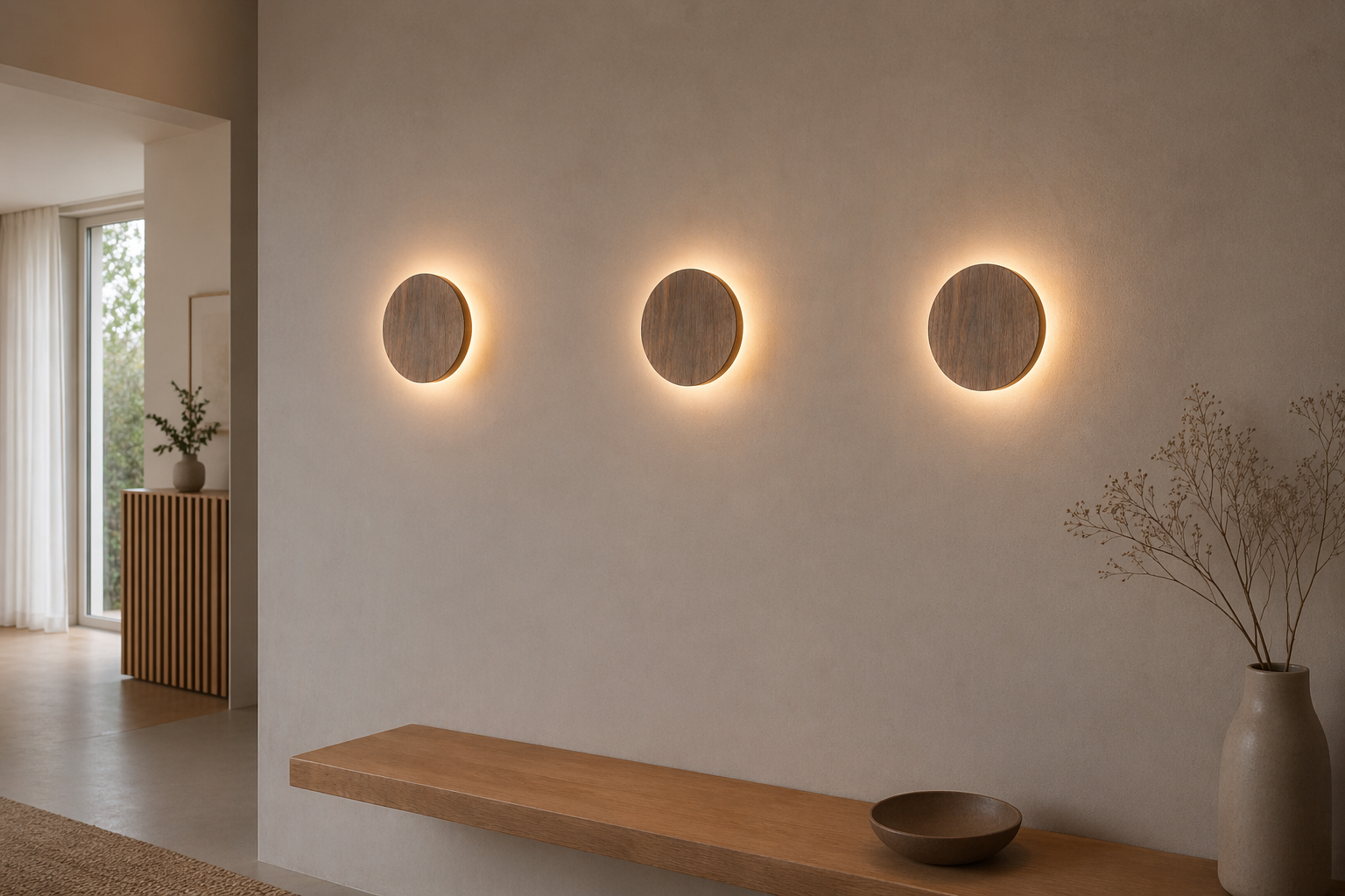 Three Walnut Circle Wall Lights installed in a hallway