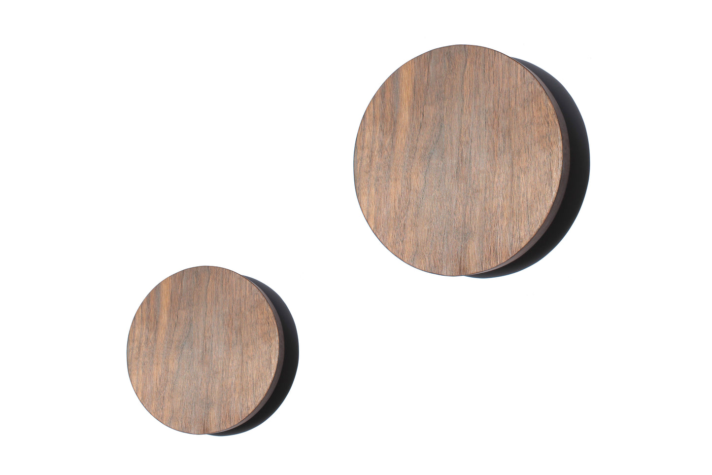 Two Walnut Circle Wall Lights on a white background